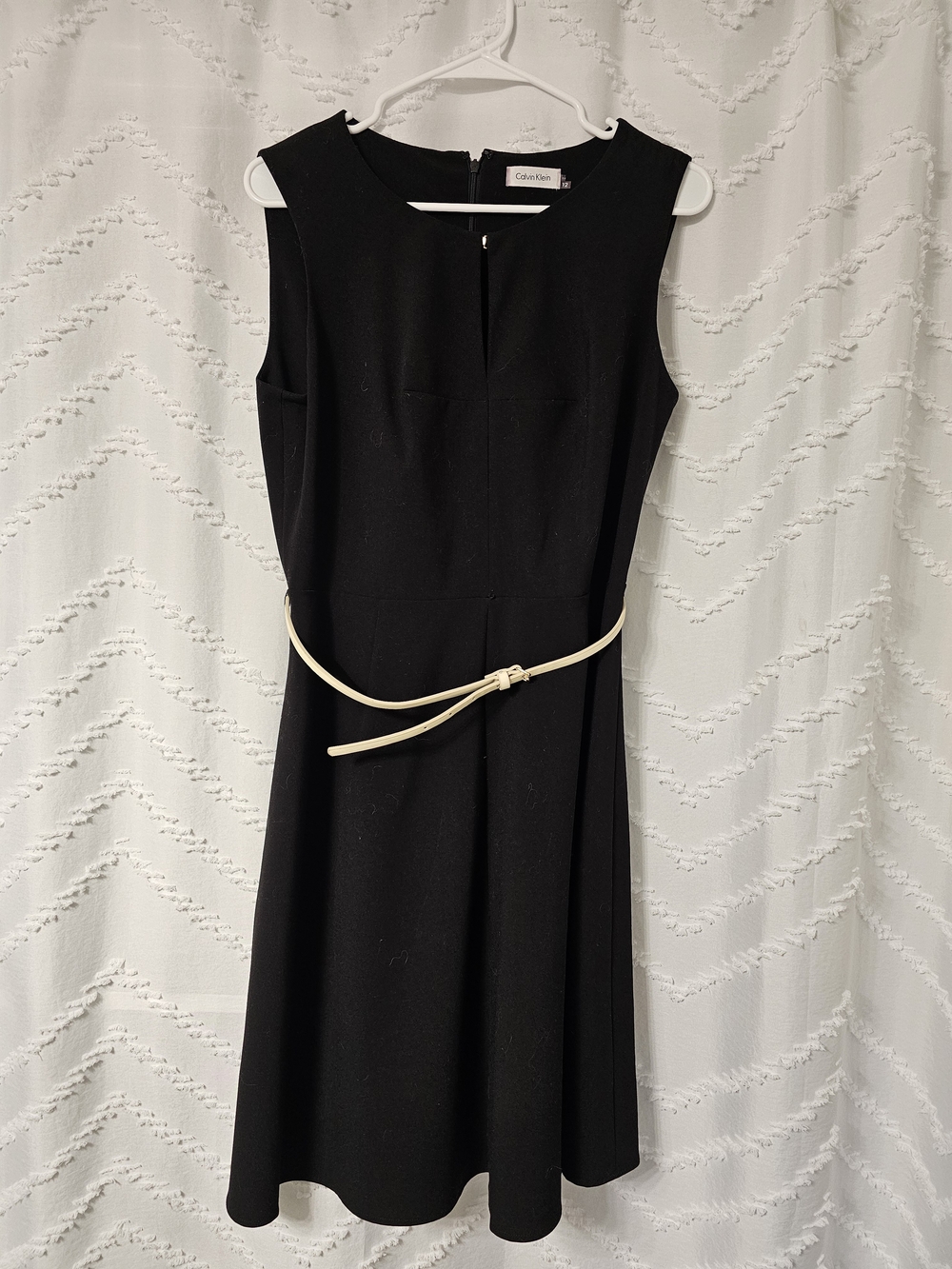 Calvin Klein Black Sleeveless A-Line Dress with Cream Belt